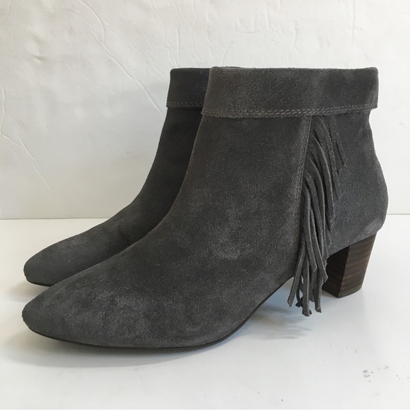 Lucky Brand Zakina Side Fringe Gray Leather Ankle Bootie - Picture 1 of 15